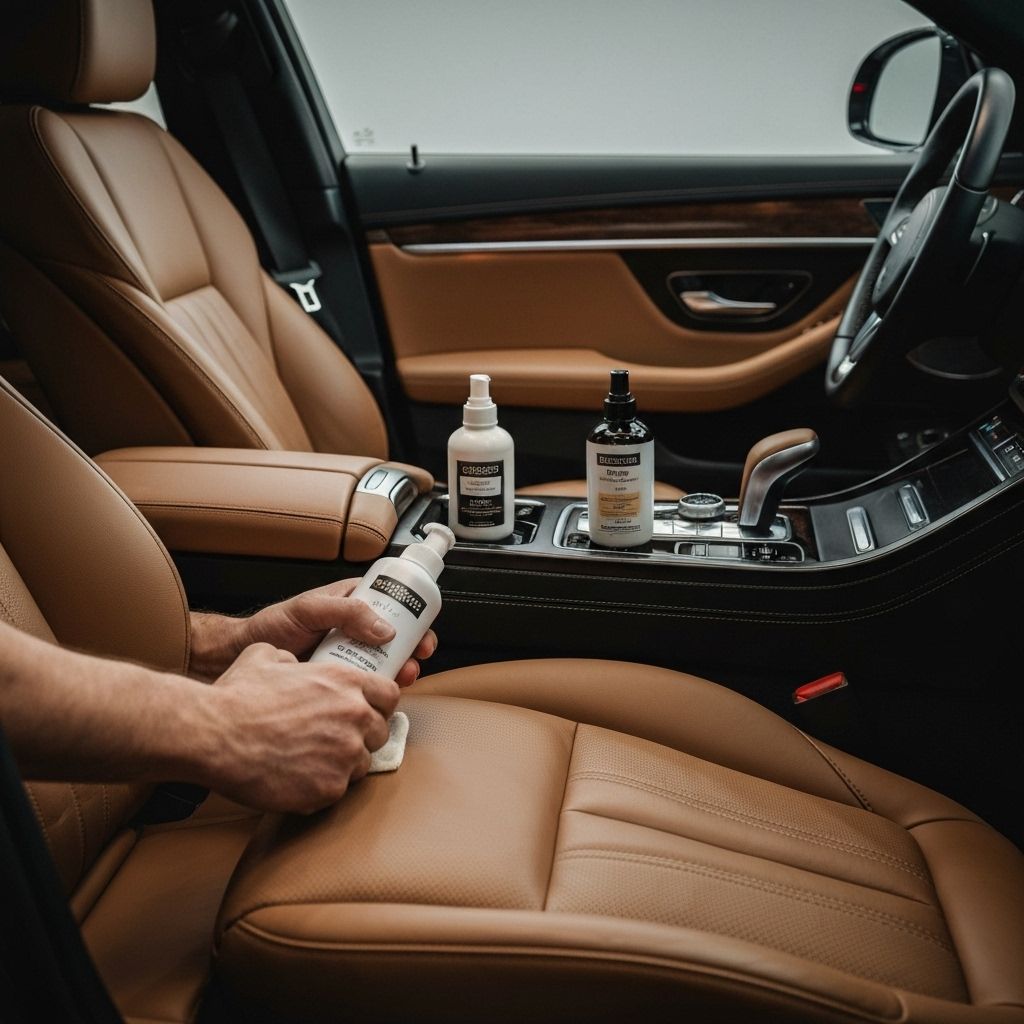 Detailer cleaning leather seats in a car interior